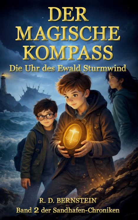 „Der magische Kompass: Die Uhr des Ewald Sturmwind“ von R. D. Bernstein. Drei Kinder, eines hält leuchtendes Objekt.