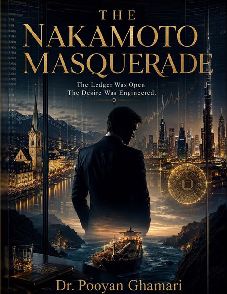"The Nakamoto Masquerade. The Ledger Was Open. The Desire Was Engineered. Dr. Pooyan Ghamari." Eine stilvolle Stadtszene bei Nacht.
