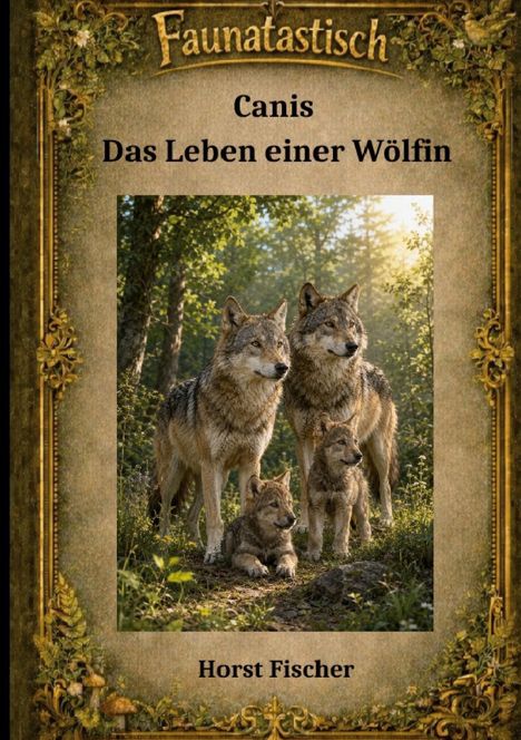 "Faunatastisch. Canis. Das Leben einer Wölfin. Horst Fischer." Illustration: Zwei Wölfe mit zwei Welpen im Wald.