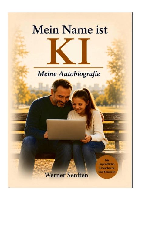 "Mein Name ist KI: Meine Autobiografie" von Werner Senften. Zwei Personen lachen gemeinsam über einen Laptop.