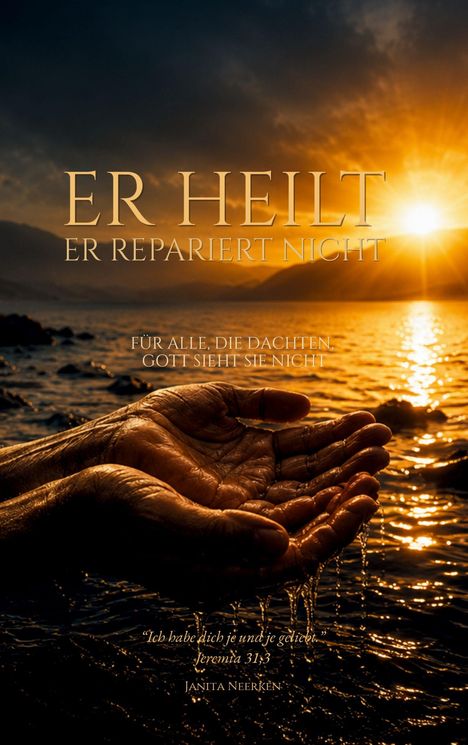 "Er heilt, er repariert nicht. Für alle, die dachten, Gott sieht sie nicht." Hände halten Wasser vor Sonnenuntergang am Meer.