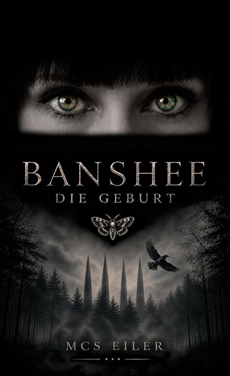 „Banshee: Die Geburt“ und „MCS Eiler“; grüne Augen blicken aus der Dunkelheit. Untendrunter ein Wald und ein fliegender Rabe.