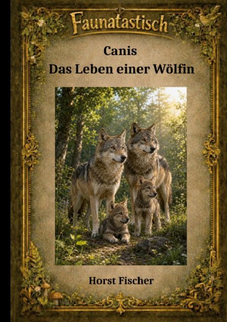 „Faunatastisch. Canis: Das Leben einer Wölfin. Horst Fischer.“ Zwei erwachsene Wölfe und zwei Welpen im Wald.