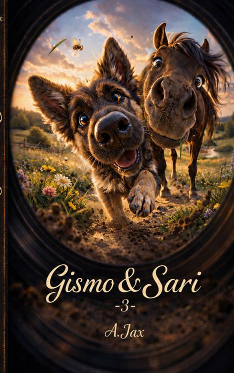 Text: „Gismo & Sari - 3 - A. Jax“. Illustration zeigt einen Hund und ein Pferd, die neugierig in die Kamera schauen.