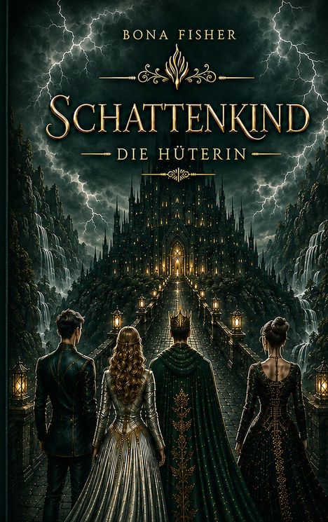 Text: Bona Fisher, Schattenkind - Die Hüterin. Drei Personen vor einem düsteren Schloss mit Blitzen am Himmel.