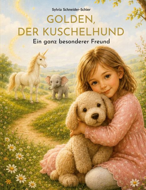 „GOLDEN, DER KUSCHELHUND. Ein ganz besonderer Freund.“ Ein Mädchen umarmt einen Hund, im Hintergrund ein Elefant und Einhorn.