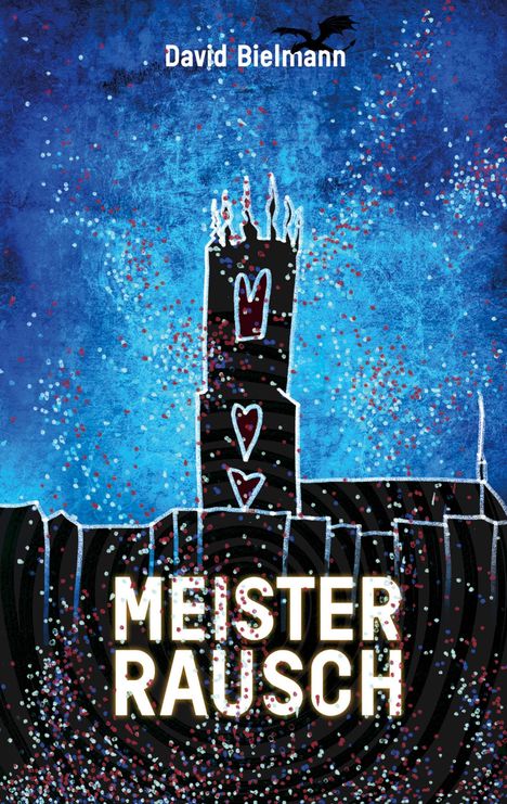 „MEISTER RAUSCH“, David Bielmann. Illustration einer abstrakten, dunklen Kirche mit blauer Kulisse und bunten Punkten.