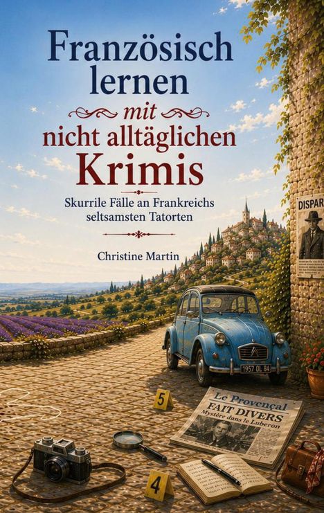 Werbetext für französisches Sprachbuch mit Krimis, blaue Ente, Kamera, Lupe, Buch, Tatortmarker vor Lavendelfeld in Frankreich.