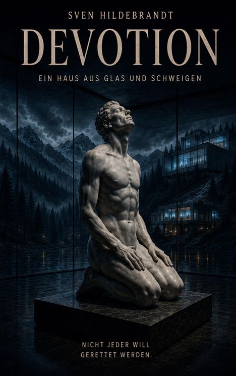 Dunkle Skulptur eines knienden Mannes vor Bergen und Glasgebäude. Texte: "Devotion: Ein Haus aus Glas und Schweigen... Nicht jeder will gerettet werden."