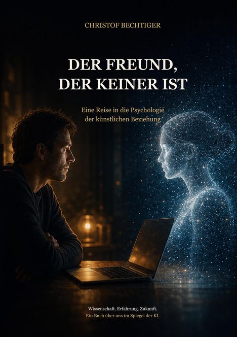 Texte: "Christof Bechtiger", "Der Freund, der keiner ist", "Eine Reise in die Psychologie der künstlichen Beziehung". Links ein Mann, rechts ein holografischer Mensch über einem Laptop.