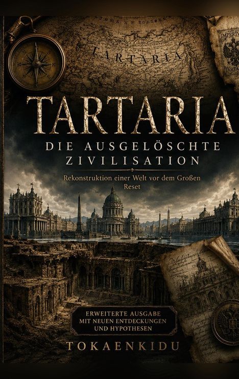 "Tartaria: Die ausgelöschte Zivilisation" steht groß auf einem Cover mit historischen Gebäuden und einer alten Karte.