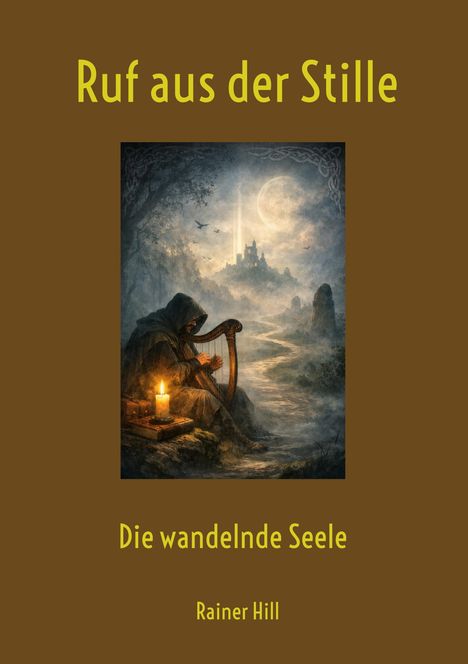 "Ruf aus der Stille", "Die wandelnde Seele", Rainer Hill. Illustration: Kapuzengestalt mit Harfe vor Schloss und Vollmond.