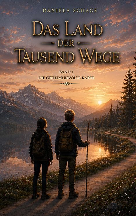 "Das Land der Tausend Wege – Band 1: Die geheimnisvolle Karte." Zwei Personen vor Berg- und Seelandschaft bei Sonnenuntergang.