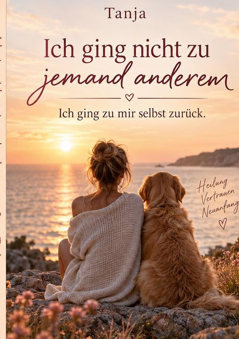 Text: "Ich ging nicht zu jemand anderem. Ich ging zu mir selbst zurück." 
Eine Frau mit einem Hund schaut auf den Sonnenuntergang am Meer.