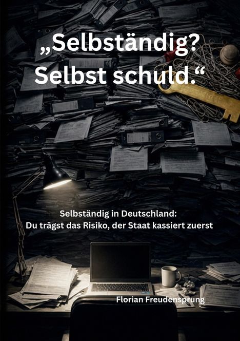 „Selbständig? Selbst schuld.“ Darunter Papierturm, Lampe, Laptop, Kaffeetasse, Dokumente. Name: Florian Freudensprung.