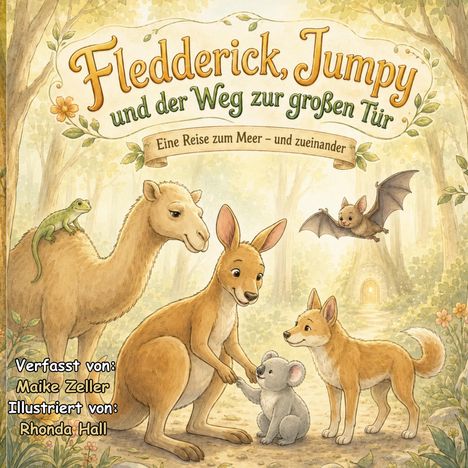„Fledderick, Jumpy und der Weg zur großen Tür“ steht in verspielten Buchstaben. Tiere im Wald mit Känguru, Koala, Lama.