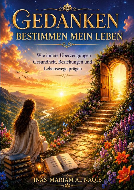 "GEDANKEN BESTIMMEN MEIN LEBEN" in Goldschrift; Frau auf Wiese, Berge, Sonnenuntergang, offene Holztür, Treppe, bunte Blumen.