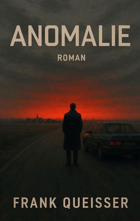"ANOMALIE" und "Roman". Darunter "FRANK QUEISSER". Illustration: Eine Person steht vor rotem Himmel neben einem Auto.