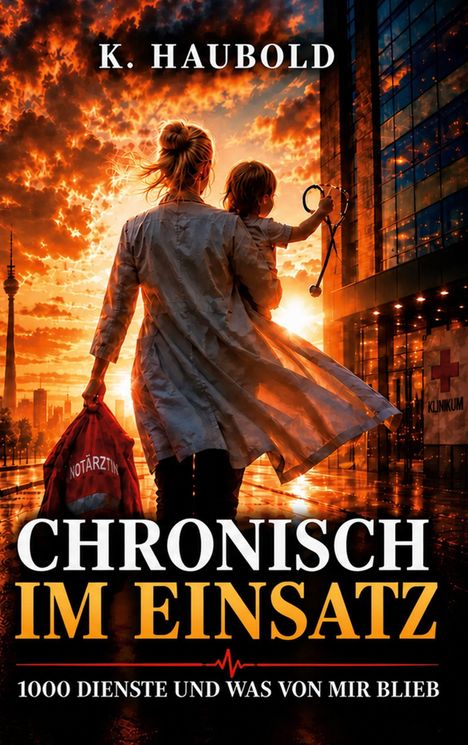 „CHRONISCH IM EINSATZ“ von K. Haubold, „1000 Dienste und was von mir blieb“. Ärztin mit Kind vor dramatischem Himmel.