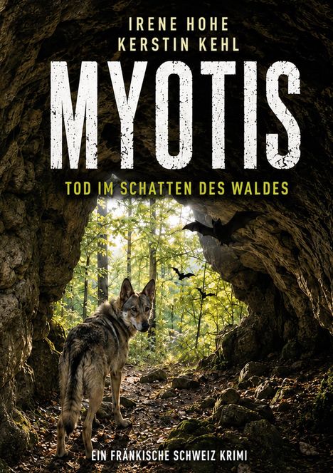 MYOTIS. Tod im Schatten des Waldes. Im Vordergrund ein Wolf in einer Höhle, draußen ein Wald mit Fledermäusen.