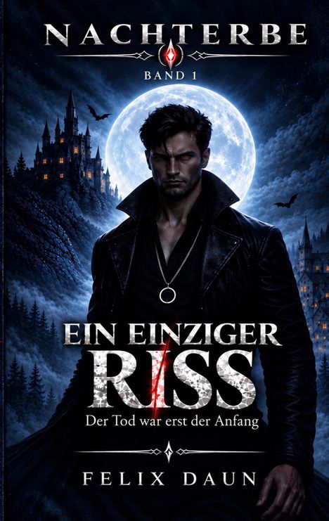 NACHTERBE, Band 1, EIN EINZIGER RISS. Der Tod war erst der Anfang. FELIX DAUN.  
Eine düstere Gestalt vor Vollmond und Schloss.
