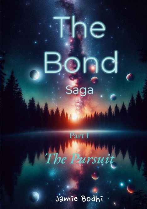 "The Bond Saga Part I: The Pursuit" und "Jamie Bodhi" vor Nachthimmel, Bäume, Planeten und leuchtender Horizont.