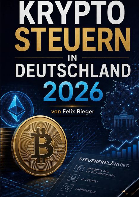 „KRYPTO STEUERN IN DEUTSCHLAND 2026 von Felix Rieger“. Bitcoin-Münze, Ethereum-Logo, Deutschlandkarte, steuerliche Symbole.