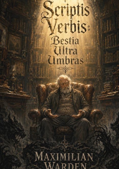 Text: "Scriptis Verbis: Bestia Ultra Umbras" und "Maximilian Warden". Ein alter Mann sitzt in einem Sessel, umgeben von Büchern.