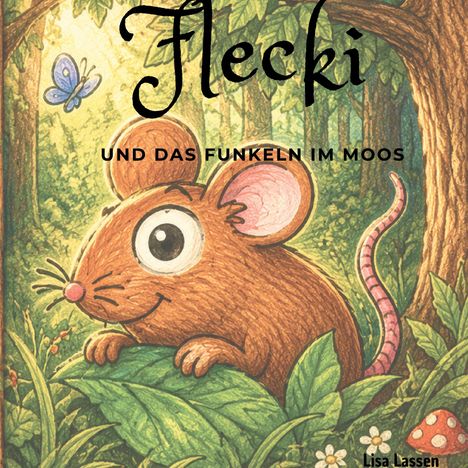 Text: "Flecki und das Funkeln im Moos." Illustration eines lächelnden, großen Auges-Maus in einem Wald mit Schmetterling.