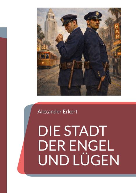 Text: "Alexander Erkert, DIE STADT DER ENGEL UND LÜGEN". Zwei Polizisten stehen Rücken an Rücken in einer städtischen Szene.