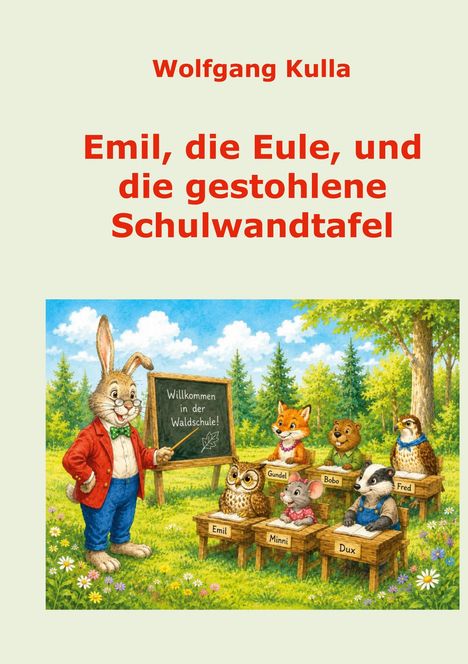 Oben steht: "Wolfgang Kulla, Emil, die Eule, und die gestohlene Schulwandtafel". Illustration mit Tieren in einer Waldschule.
