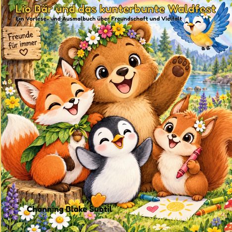 „Lio Bär und das kunterbunte Waldfest“, „Freunde für immer“. Bär, Fuchs, Pinguin, Eichhörnchen, fröhlich und bunt in Natur.