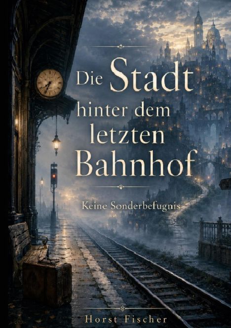 „Die Stadt hinter dem letzten Bahnhof“ von Horst Fischer. Eine düstere, stimmungsvolle Szene mit Bahnhof und Stadt.