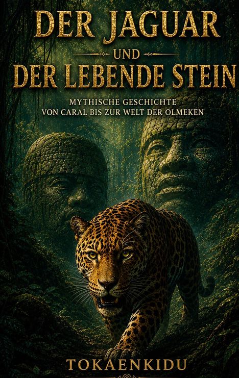 "Der Jaguar und der lebende Stein". Mystische Geschichte von Caral bis zur Welt der Olmeken. Darunter ein Jaguar im Dschungel und große Steinskulpturen.