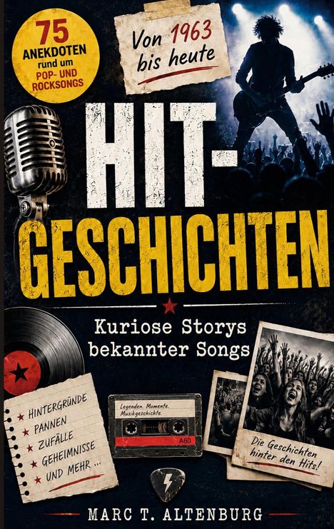 "75 Anekdoten rund um Pop- und Rocksongs. Von 1963 bis heute. Hit-Geschichten: Kuriose Storys bekannter Songs." 

Ein Mikrofon, ein Publikum bei einem Konzert und eine Kassette sind abgebildet.