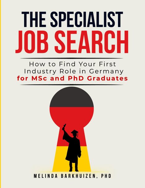 "THE SPECIALIST JOB SEARCH" in großen Buchstaben. Silhouette eines Absolventen vor einem schlüssellochförmigen Hintergrund.