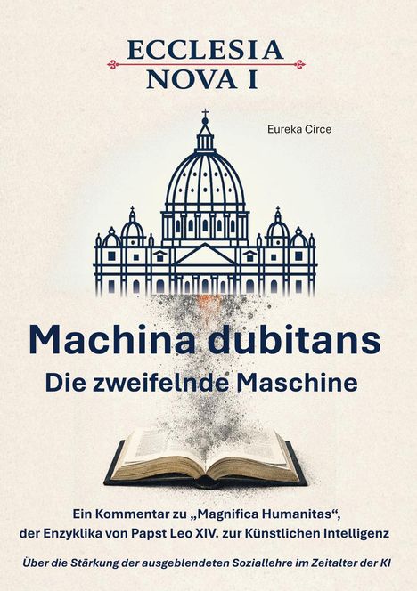 "ECLESIA NOVA I", "Machina dubitans: Die zweifelnde Maschine". Illustration einer Kirche über einem aufgeschlagenen Buch.