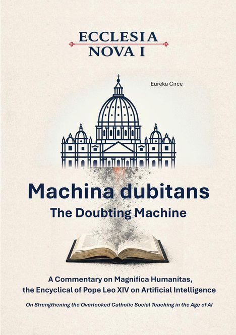 ECLESIA NOVA I. Illustration einer Kuppel, offenes Buch mit aufsteigendem Staub, englischer Untertitel.
