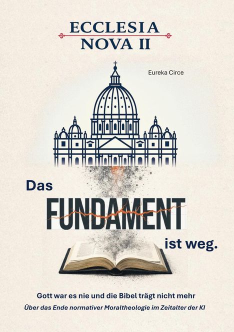 Text: "Das FUNDAMENT ist weg. Gott war es nie und die Bibel trägt nicht mehr." Illustration einer Kuppel und einer Bibel.