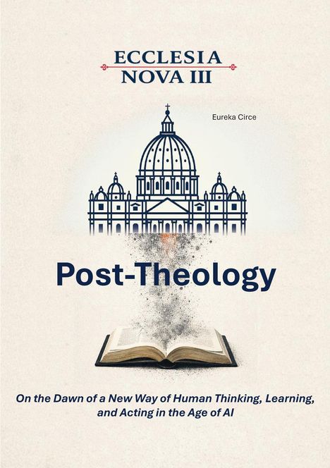 "Post-Theology" und weitere Texte, darüber eine Illustration einer Kuppel, darunter ein Buch, aus dem Partikel aufsteigen.