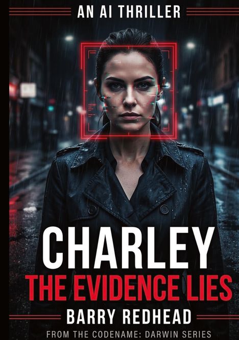 Der Text lautet: "AN AI THRILLER", "CHARLEY THE EVIDENCE LIES", "BARRY REDHEAD". Eine Frau im Regen mit roten digitalen Markierungen.