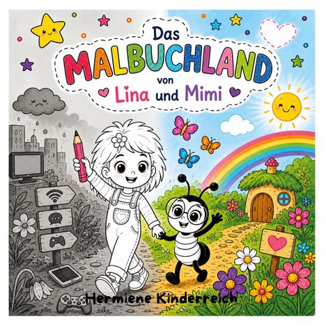 "Das Malbuchland von Lina und Mimi". Links graue Stadt, rechts farbenfrohe Landschaft mit Regenbogen, Sonne und Blumen.