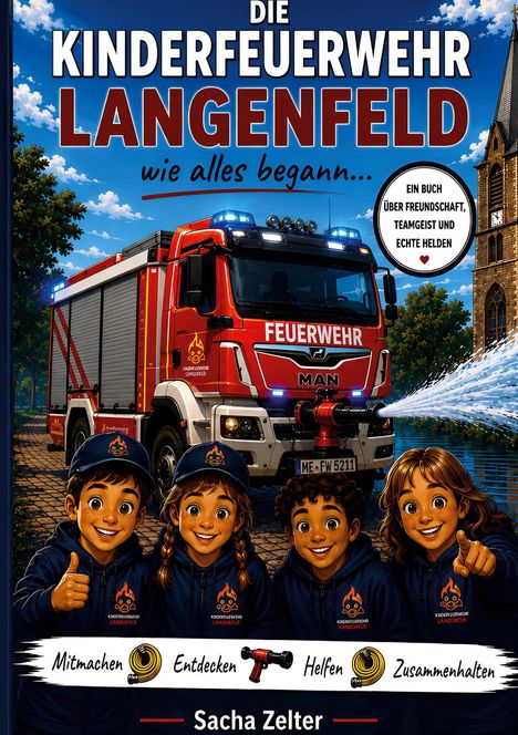 "Die Kinderfeuerwehr Langenfeld, wie alles begann..." Ein Feuerwehrauto, vier lachende Kinder in Uniform.