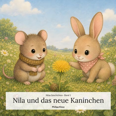 „Nila und das neue Kaninchen“ von Philipp Klose. Illustration eines Mäuschens und eines Kaninchens auf einer Blumenwiese.