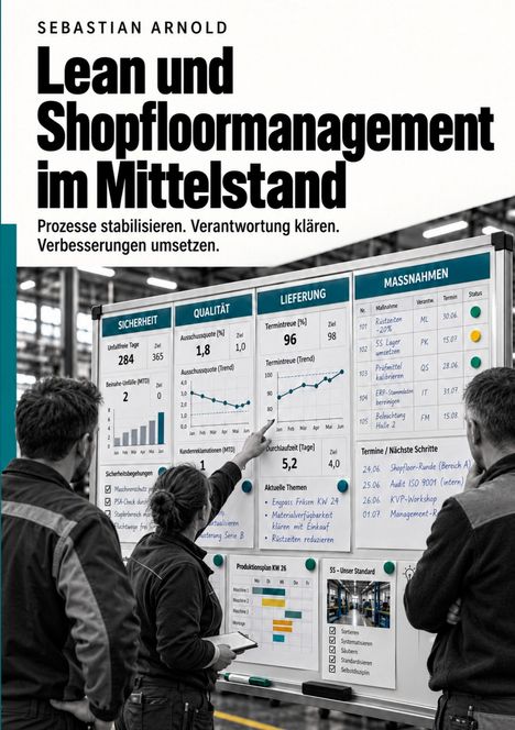 "Lean und Shopfloormanagement im Mittelstand. Prozesse stabilisieren. Verantwortung klären. Verbesserungen umsetzen." Drei Personen stehen vor Tafeln mit Diagrammen und Tabellen.