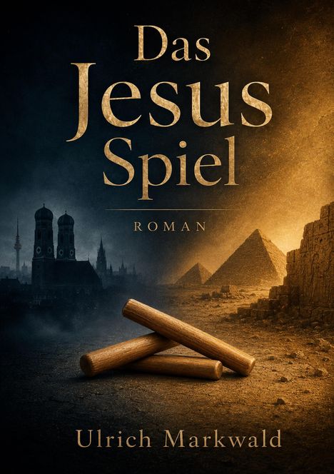„Das Jesus Spiel“, „Roman“, „Ulrich Markwald“. Links: Stadtsilhouette im Dunkeln, rechts: Pyramiden und Holzstäbe.