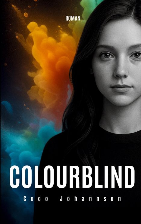 Text: „Colourblind“, „Roman“, „Coco Johannson“. Porträt einer Frau, bunter Rauch im Hintergrund.