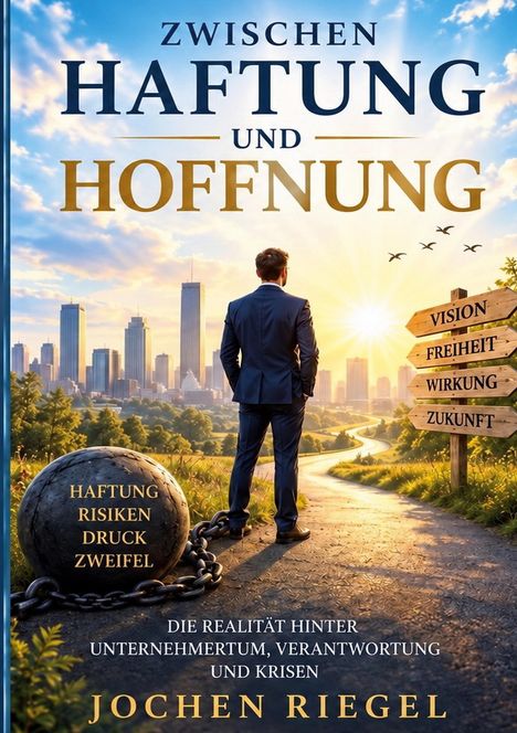 „Zwischen Haftung und Hoffnung“: Mann blickt auf Stadt im Sonnenaufgang, Wegweiser zeigt „Vision“, „Freiheit“, „Wirkung“, „Zukunft“.