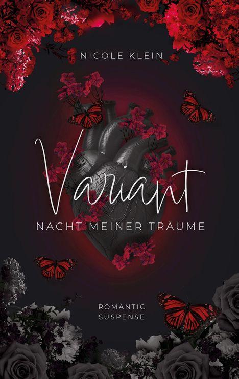 „Nicole Klein. Variant. Nacht meiner Träume. Romantic Suspense.“ Ein schwarzes Herz mit roten Blumen und Schmetterlingen.