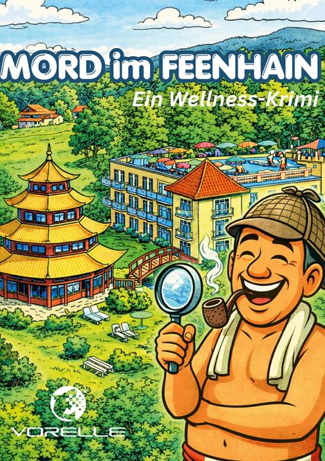 "MORD im FEENHAIN. Ein Wellness-Krimi." Illustration: Fröhlicher Mann mit Lupe und Pfeife, asiatische Architektur im Hintergrund.